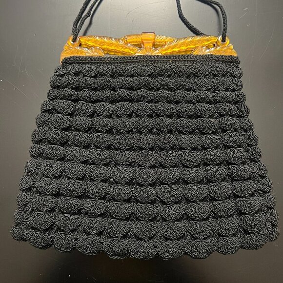 Popcorn Crochet Black Shoulder Purse With Celluloid Frame And Chain Vintage Boho - Picture 8 of 10